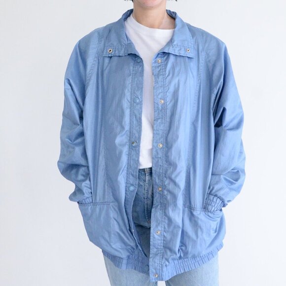 Vintage Sky Blue Nylon Button Up Retro Oversized Windbreaker Jacket XL - Picture 1 of 11